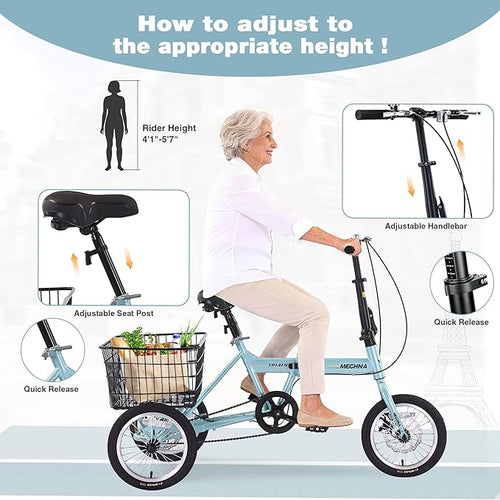 14 inch Folding Tricycle Dual Disc Brake Three Wheel Cruiser Bike Large Capacity for Adult