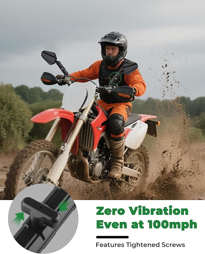Adventure Motorcycle Mirrors, VOUTRAK Universal Convex Rear View Mirror, M8 M10 Bolt & 7/8" Handlebar Mount, Foldable, Ball Joint, 360° Adjustable, Anti-Vibration for Dirt Bike, ATV, Scooter, Ebike