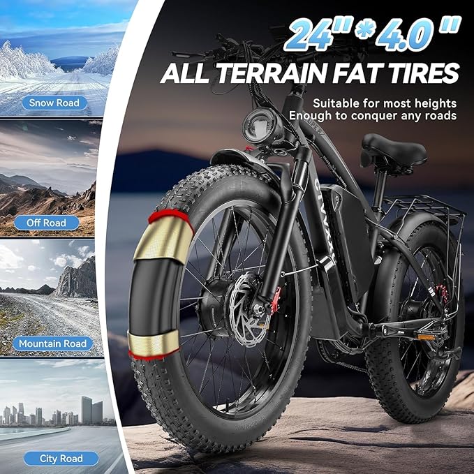 9000W Dual Motor Ebike for Adults Men 45MPH - Fast Electric Bike with 52V 34Ah Battery Up to 100 Miles,Lockable Suspension 24" Fat Tire Electric Bicycle for Off-Road Mountain Snow Commuter