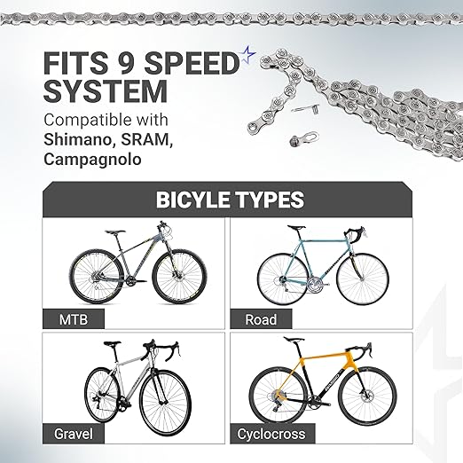 BlueStars 9 Speed Bike Chain 1/2 x 11/128 Inch (116 Links) with Quick Link - Anti-Rust Bicycle Chain - for MTB/Road/Gravel/Cyclocross Bikes - Compatible with Shimano SRAM Campagnolo