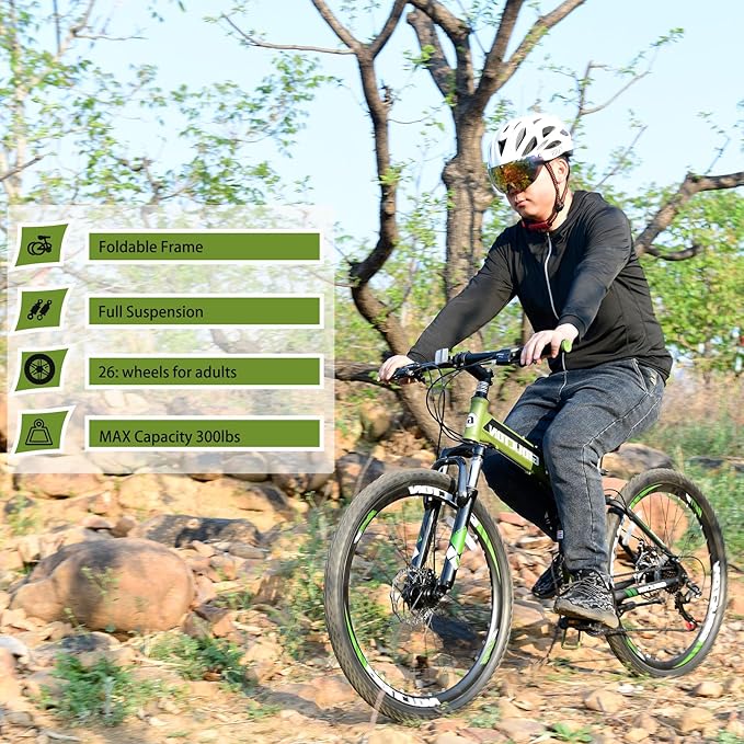 26 Inch Folding Bike, 21 Speed Full Suspension Mountain Bike for Adults/Men/Women Bicycle