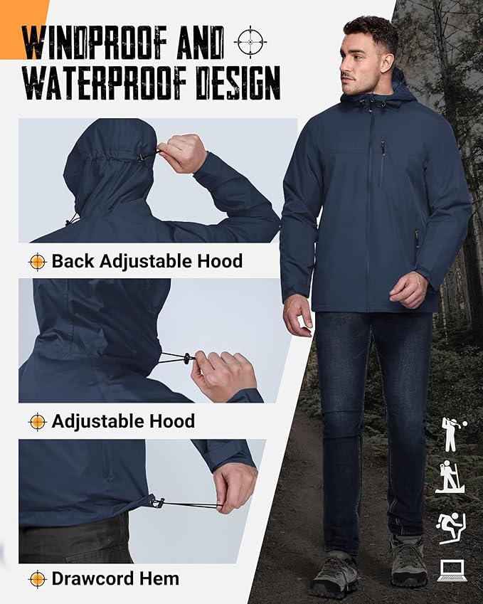 33,000ft Men's Packable Rain Jacket Lightweight Rain Shell Jacket with Hood Waterproof Raincoat for Cycling