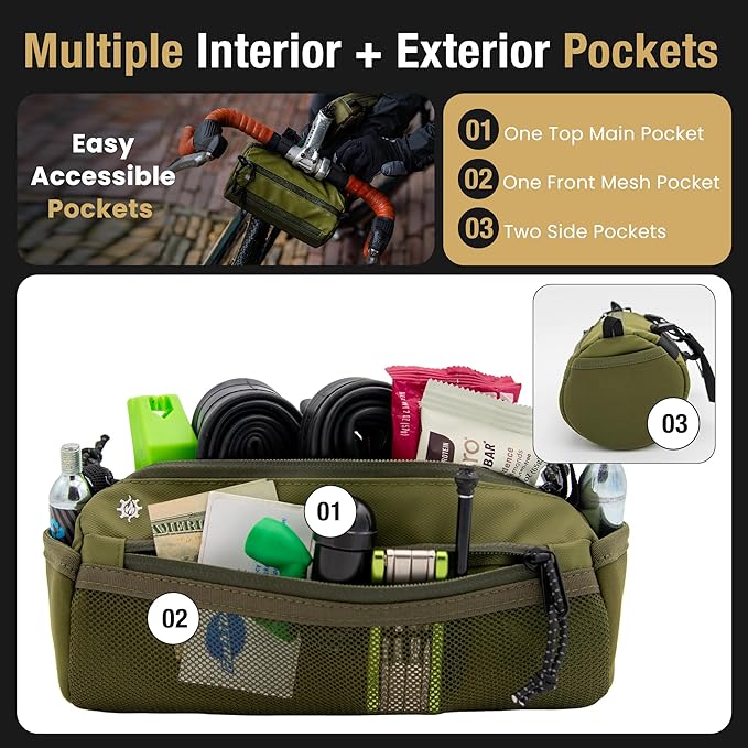 Lumiere & Co. Bike Handlebar Bag – Minimalist Design – 3 Size options, Multiple Colors – Clip Straps, Hook & Loop, Shoulder Strap