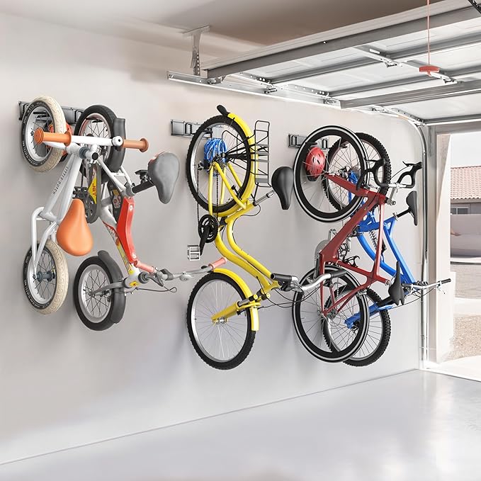 TORACK Wall Mounted Bike Storage Rack, Vertical Bikes Storage for Garage 5 Bikes Hangers for Wall, Modular Bicycle Storage Rack(3 Rails, 5 Bike Hooks, 3 Helmet Hooks)