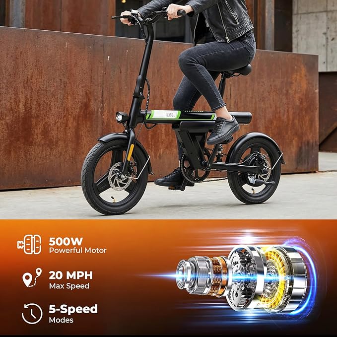 Mini Foldable Electric Bike for Adults, 500W Peak Folding Ebike, 15 Miles 36V 7.8Ah Battery, 14" Small Adult Electric Bicycle for Commuting with APP