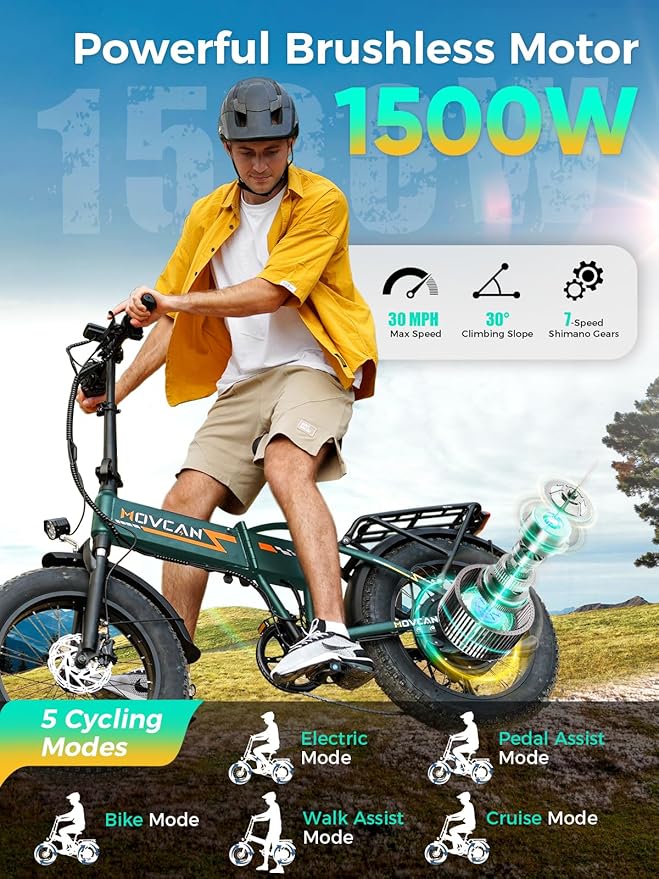 Movcan Q20 Folding Electric Bike, 52V 15.6Ah Removable Concealed Battery 20” Fat Tire Dirt Bike,1500W Motor 30 MPH Top Speed E Bikes, 7 Speed Dual Hydraulic Brake Electric Bikes for Adults