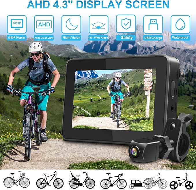 PARKVISION Bike Rear View Mirror,1080P AHD Bicycle Rear View Camera with 4.3''Screen,360°Rotatable Bracket, 5000mAh Battery Bike Handlebar Mirror with 110°Appropriate Angle for Most Bikes