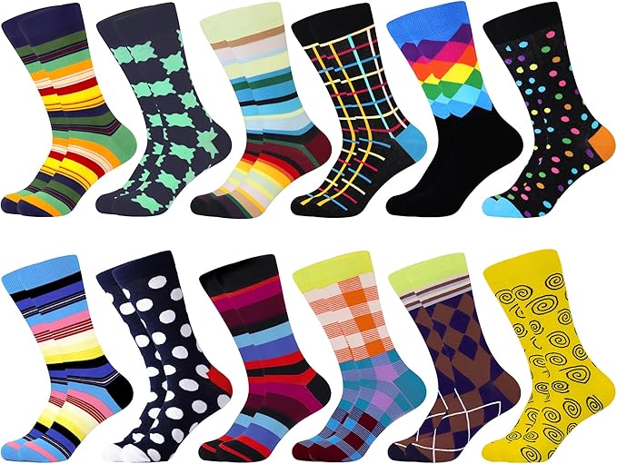 WeciBor Men's Dress Funny Crazy Colorful Novelty Combed Cotton Crew Socks 12 Pack - Size 7-10/10-13/13-15