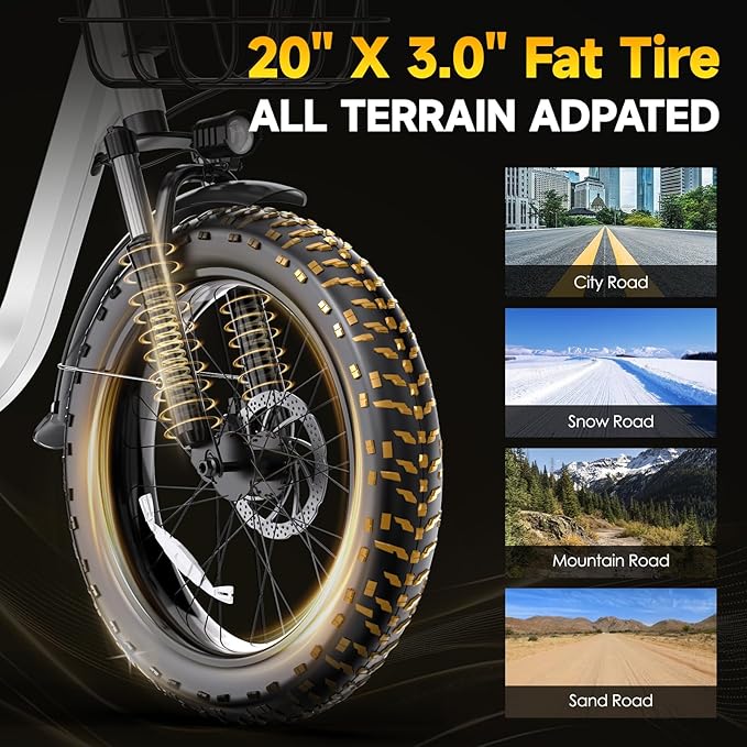 Electric Bike for Adults 20" Fat Tire1300W Peak Motor 52V 13AH Removable Battery Max Range 35 Miles,28MPH,Folding EBike with Shimano 7 Speed and Adjustable Seat