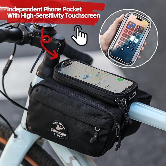 Rhinowalk Bike Frame Bag with Touch Screen Phone Pouch – Waterproof Bicycle Top Tube Bag with Rain Cover, Dual Side Storage for Cycling Accessories (Black)
