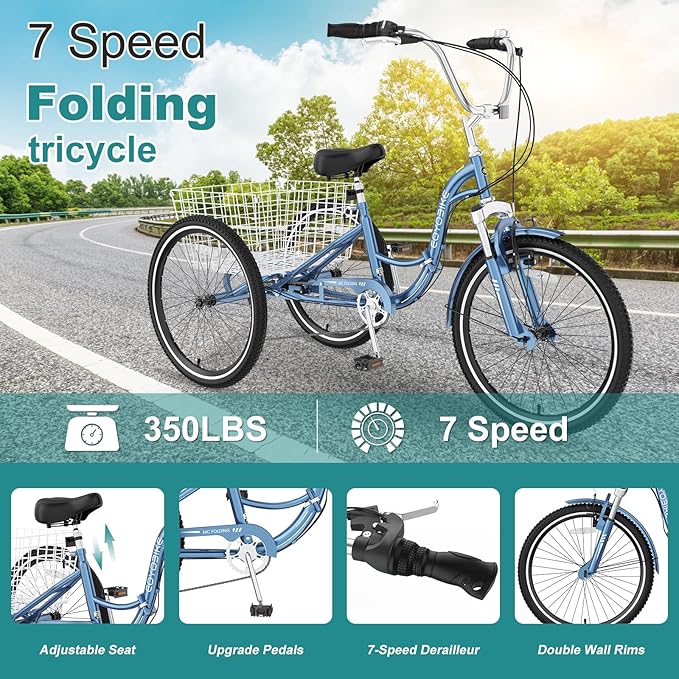 MOPHOTO Adult Folding Tricycle, 7-Speed 3 Wheel Bike for Adults, Seniors, Women & Men, 20/24/26 Inch Low Step-Through Trike with Large Rear Cargo Basket, Adjustable Seat, Space-Saving Cruiser Bicycle