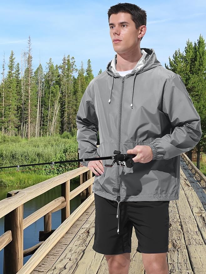 Mens Rain Jacket Raincoat Windbreaker Running Waterproof Lightweight Packable with Hood Travel Hiking Cycling