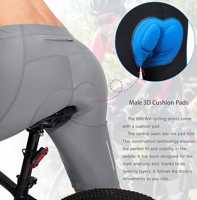 Bikewa Men's Bike Shorts 3D Padded Cycling Road Biking Mountain Riding Biker Bicycle UPF 50+ Cycle Shorts Zipper Pockets