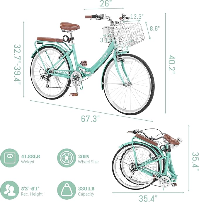 24/26 Inch Beach Cruiser Bike for Women Folding Bikes, 7-Speed Womens Bike with Basket and Coffee Cup, Womens Foldable Bicycle Commuter Bikes for Adults, Adjustable Seat & Dual V-Type Brakes