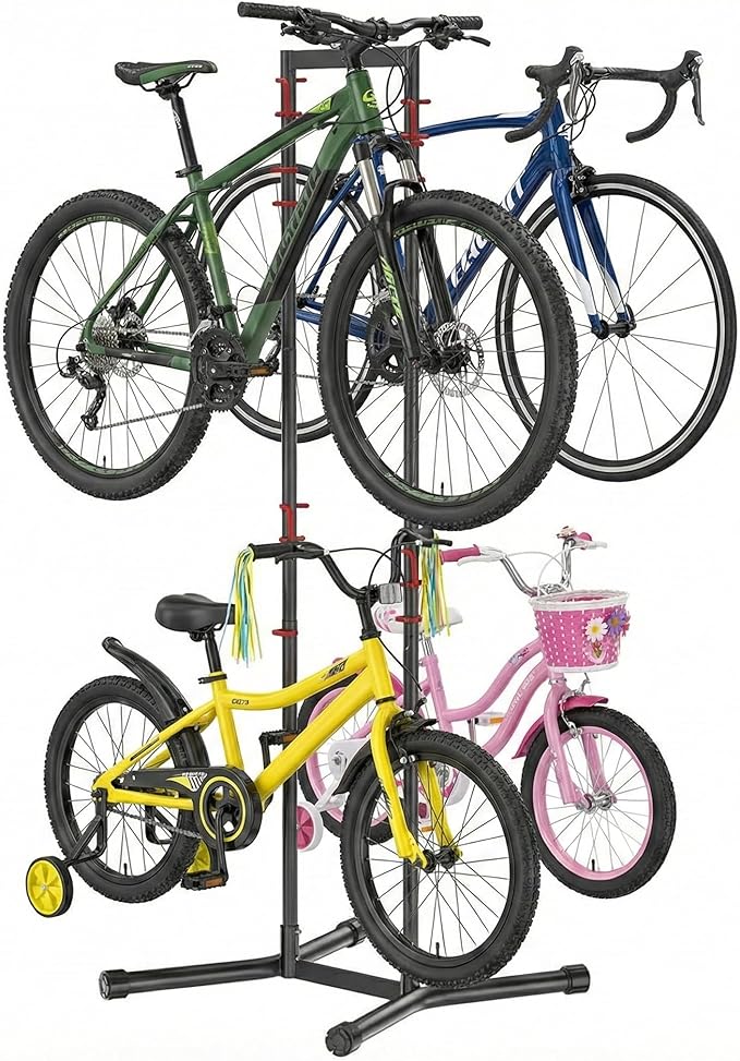 teraysun 4 Bike Horizontal Storage Rack, Heavy Duty No-Drill Indoor Garage Bike Organizer, 154 lbs Capacity for Mountain, Road & Hybrid Bikes