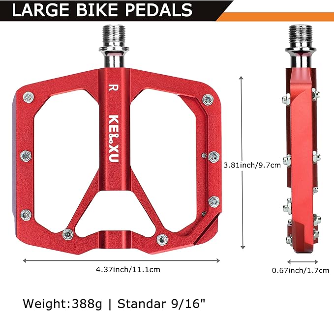 Mountain Bike Pedals 9/16", 3 Sealed Bearings Non-Slip Bicycle Pedals Aluminum CNC Machined Wide Flat Pedals for Road Bike MTB