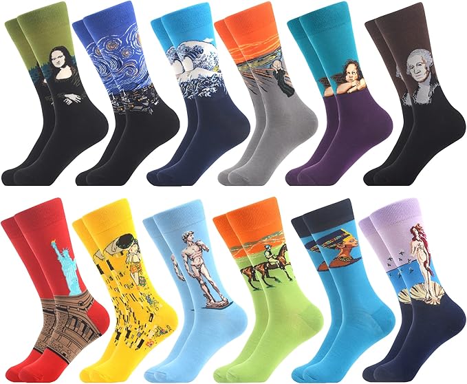 WeciBor Men's Dress Funny Crazy Colorful Novelty Combed Cotton Crew Socks 12 Pack - Size 7-10/10-13/13-15