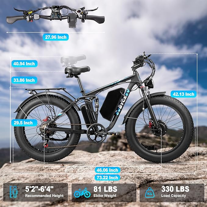 9000W Peak Electric Bike for Adults,58V Max-Output 1972Wh Dual Motor Ebike,47MPH 105Miles Range,24" x4.0 Fat Tire Hydraulic Disc Brake Full Suspension E-Bike for Mountain Snow Commuter
