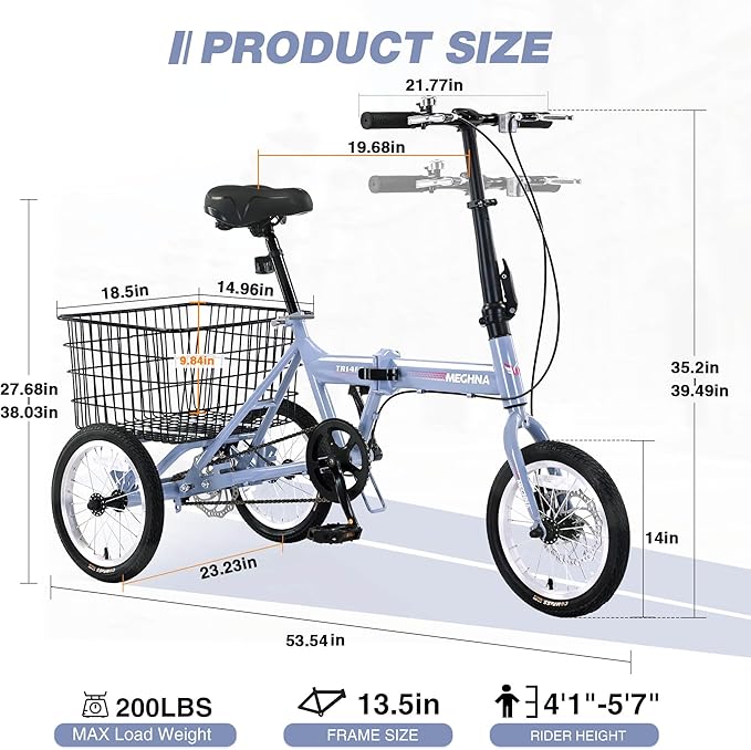 14 inch Folding Tricycle Dual Disc Brake Three Wheel Cruiser Bike Large Capacity for Adult