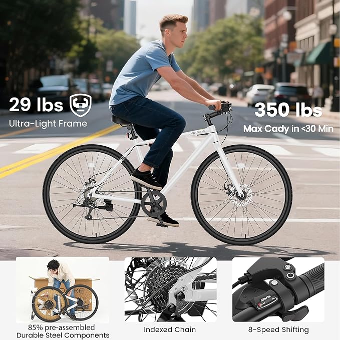 MOONCOOL Hybrid Bike for Men, 700C Aluminum 29LBS Ultra-Light 8-Speed Commuter Bike, 350lb Capacity, 29" Adult Urban Bicycle, Dual Disc Brakes, for Tall Men&Women, 85% Pre-Assembled