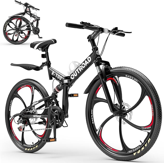 26 Inch Adult Folding Bikes/Mountain Bikes, 21 Speeds Mountain Bicycles with Full Suspension, Dual Disc Brake, High Carbon Steel Frame, Foldable Bike for Men/Women/Teen, Multiple Colors