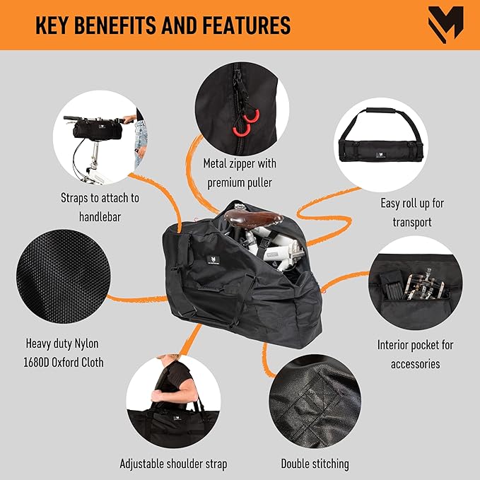 lamaki Bike Travel Bag, Folding Bike Bag 14-20 inch - Universal Fit - Heavy Duty 1680D Nylon, Premium Metal Zippers, Roll up for Storage - Bike Travel Case