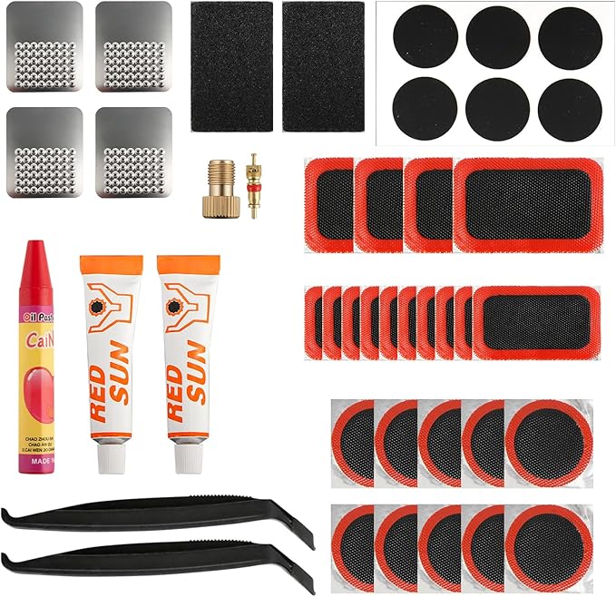 Bike Tire Repair Kit, 101 Pcs Bicycle Tube Patch Kit with Vulcanizing Patches & Tire Repair Glue, Portable Inner Tube Repair Kit for Mountain Road Bike, Motorcycle & Inflatable Tires