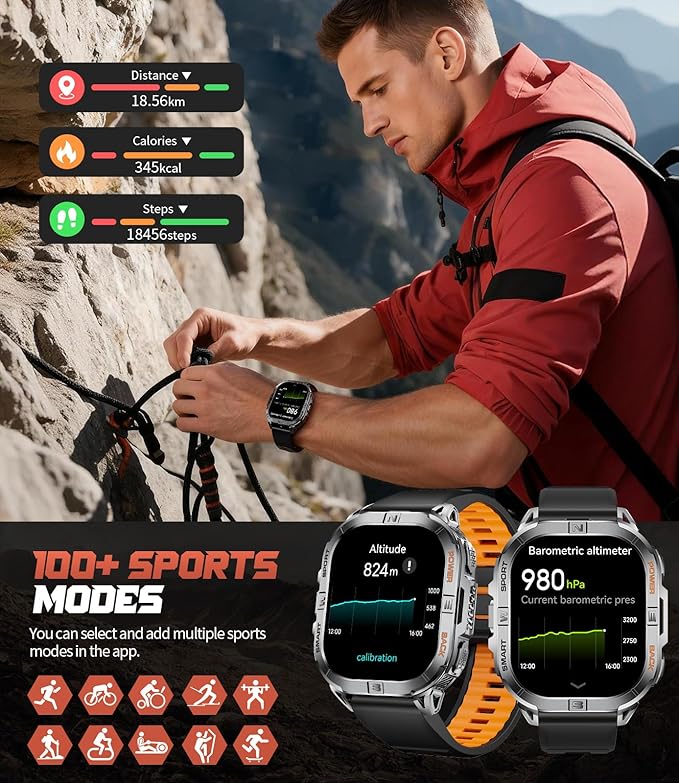LIGE DM6 GPS Military Smart Watch for Men, 2.13'' AMOLED Always on Display Fitness Tracker, LED Flashlight/Compass/IP68 Waterproof Smartwatch, 170+ Sports Smartwatches for Android iOS, Black-Orange