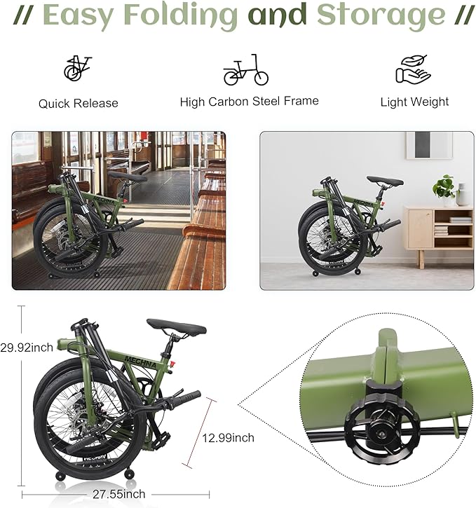 7-Speed Folding Bike, 20" x 1.95" Tires, Tri-Fold Design with Rear Rack Wheels, Steel Frame, Ideal for Urban Commuting