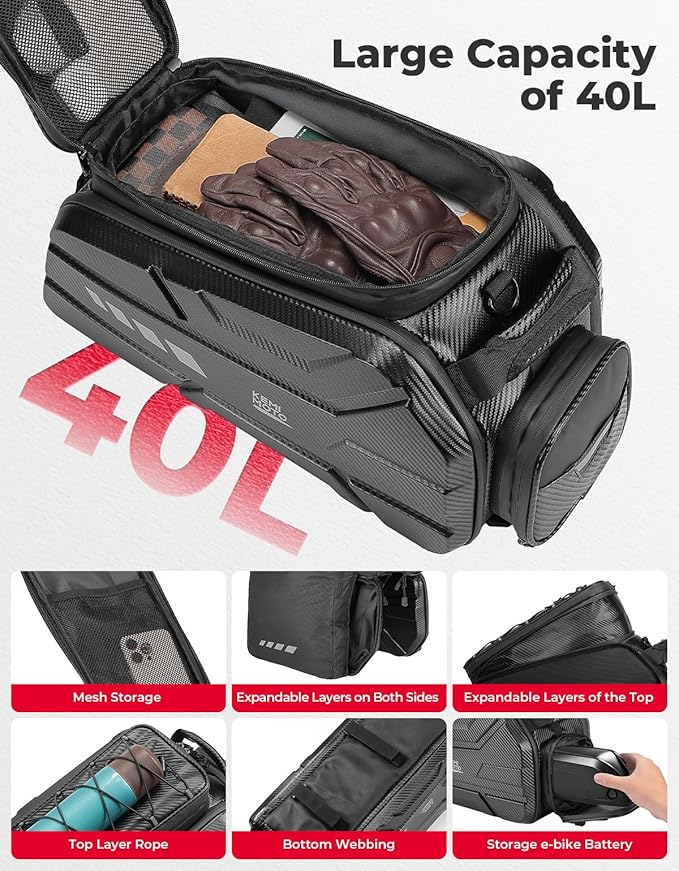 KEMIMOTO Ebike Battery Bag Bike Bags for Rear Rack, 40L Hard Shell Bag with Waterproof Cover, Ebike Trunk Bicycle Seat Pannier for Commuter Travel Outdoor