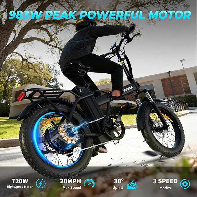 Foldable Electric Bike, Peak 983W Motor Ebike, 40-70 Miles & 20 MPH, 48V Removable Battery, 20" Fat Tire All-Terrain Electric Bicycle for Adults with 7-Speed, Suspension, Rear Rack, UL2849 Certified