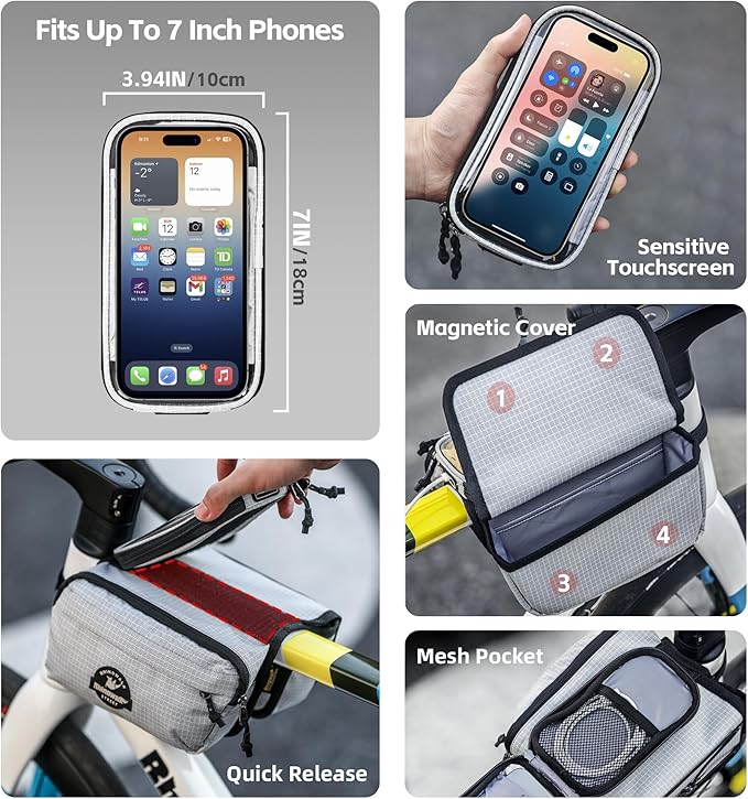 Rhinowalk Bike Frame Top Tube Bag with Touchable Phone Holder Side Pockets Bicycle Bag with Sensitive Touch Screen