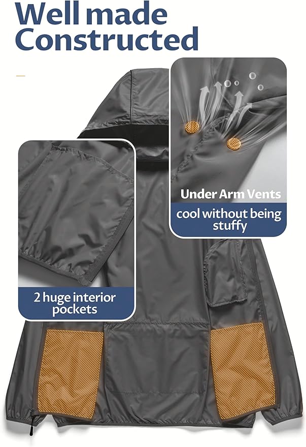CREATMO US Men's Packable Waterproof Running Rain Coats Reflective Cycling Jacket Windbreaker With Removable Hood