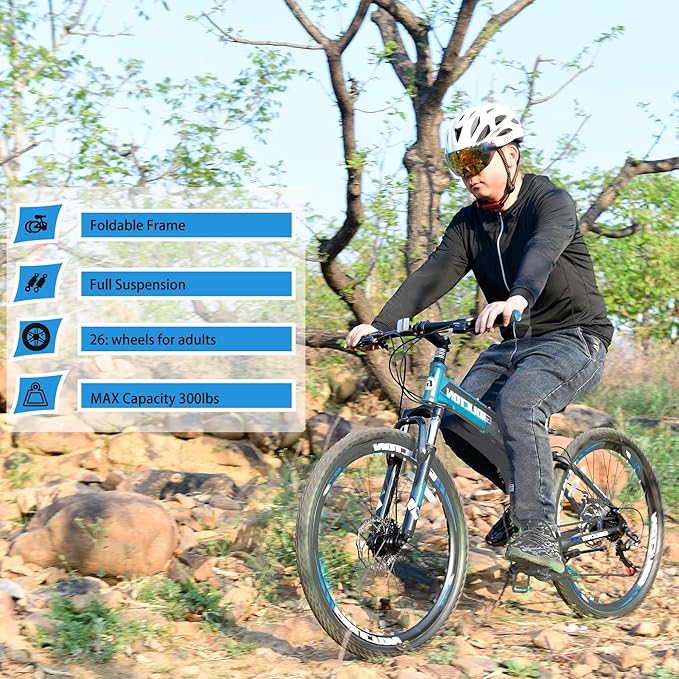 26" Folding Mountain Bike,21 Speed Full Suspension Foldable Bikes,Dual Disc Brakes Bicycle for Adults