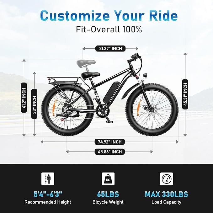 [UL Certified] Electric Bike for Adults with Peak 1500W Brushless Motor, 48V 15AH 35-60 Miles Battery Electric Bicycle, 26" Fat Tire Mountain Bike 28MPH 7 Speed Gears Ebike for Work,Off Road