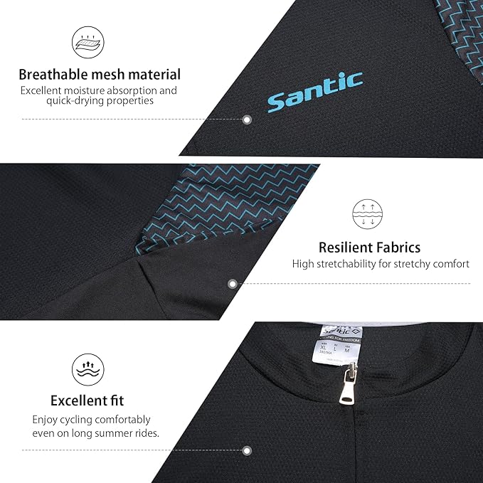 Santic Men's Cycling Jersey Short Sleeve Tops Pro Road Bike Shirt Full Zipper UPF 50+ MTB Jersey with Pockets