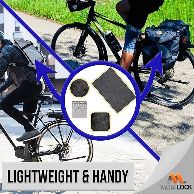 Mobi Lock 40Pcs Self-Adhesive Bicycle Tire Inner Tube Patch Repair Kit - Glueless Bike Tube Patches in Round, Square, and Rectangle Shape - Includes 2 Tire Levers, 1 Metal Rasp