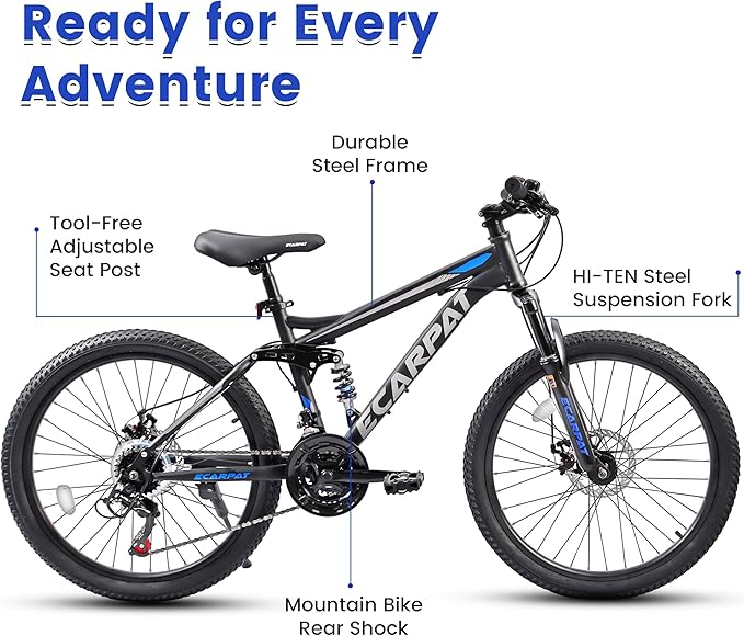 Ecarpat 24/26/27.5 Inch Mountain Bike, Full/Front Suspension Mens Boys Mountain Bike with 21 Speed Steel Frame and Dual Disc Brakes, Adult Sport Bicycle for Trail City Road, Gift Choice