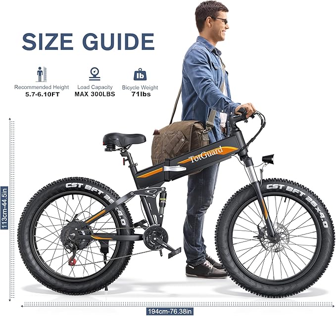 Wooken 26" x4.0 Fat Tire Electric Bike, Folding Electirc Bike for Mountain Commuter, Peak 1000W Motor 21.6 MPH, Ebikes for Adults with 48V/10.4Ah Removable Battery, Suspension Fork, 21 Speed Ebike