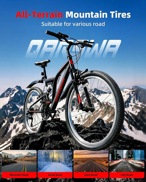 24 Inch Mountain Bike for Men & Women, 21-Speed Full Suspension MTB, High-Carbon Steel Frame, Quick Release Front Wheel, Dual Fenders, Easy Assembly, Trail & Commuter Bicycle