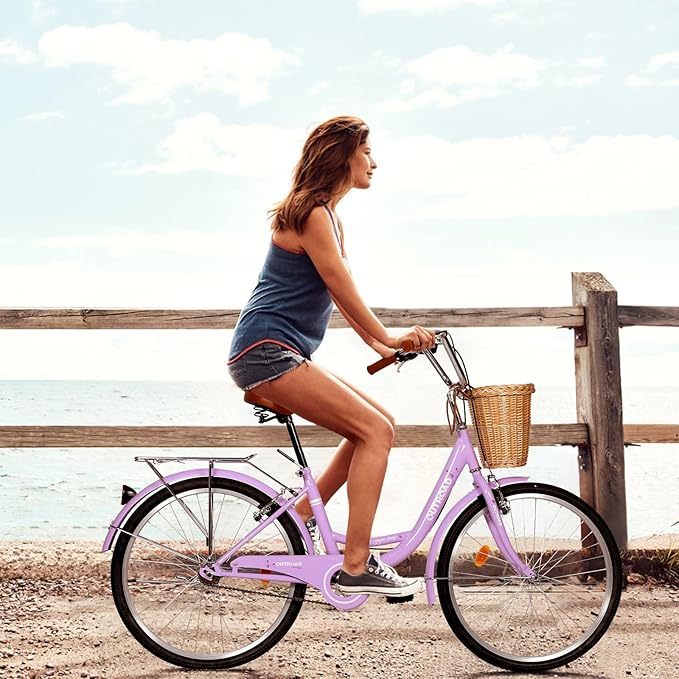 Betterland Beach Cruiser Bike for Women, 24/26 inch Hybrid Bike with Adjustable Seat, Womens Bike with Front Basket and Dual V-Brake, Step Through Comfort Bicycle for City Commuter