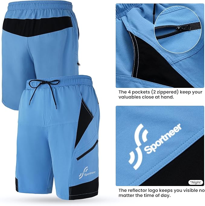 Sportneer Bike Shorts for Men: 3D Padded Lightweight Riding Biking Cycling Mountain Bike Shorts for Men with Zipper Pockets