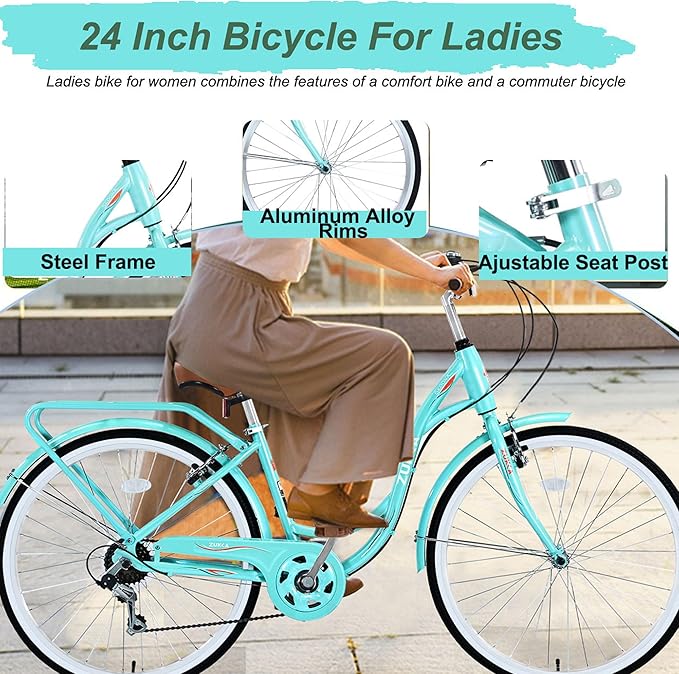ZUKKA Beach Cruiser Bike for Women 24/26 Inch Ladies Bike 7 Speed Complete Cruiser Bikes with Dual V-Brake and Adjustable Seat, Adult City Bike for Women, Men, Multiple Colors