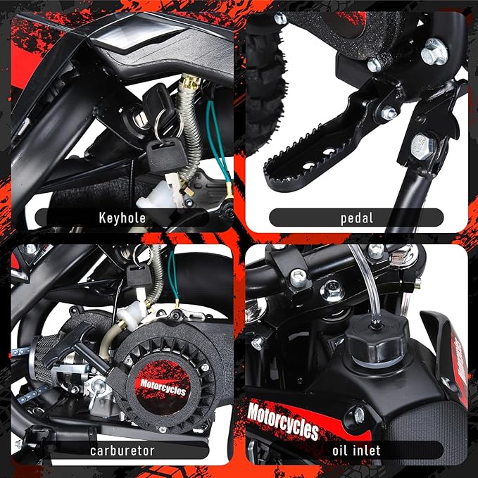cdar Kids Dirt Bike, 49cc Gas Dirt Bike for Teens - 25MPH 2-Stroke Pit Bike with Hydraulic Disc Brakes & 10" Off-Road Tires Ages 13+ Max180lb Load Christmas for Boys Girl Red
