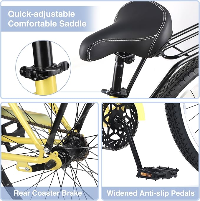 Multiple Colors Adult Beach Cruiser Bike, Single Speed Bicycles 26" Inch, Fixed Gear Bike, Wide Wheels for Stability, Rear Coaster Brakes, Multiple Speed Options