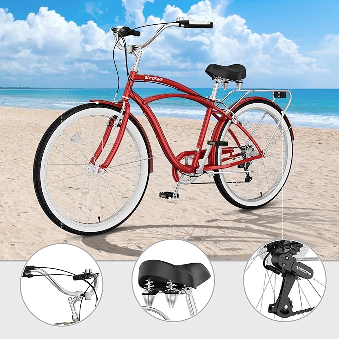 MOPHOTO 24" 26" Adult Bike 7-Speed Beach Cruiser Bike for Adults, Rear Rack, Fenders, Step-Through or Classic Frame