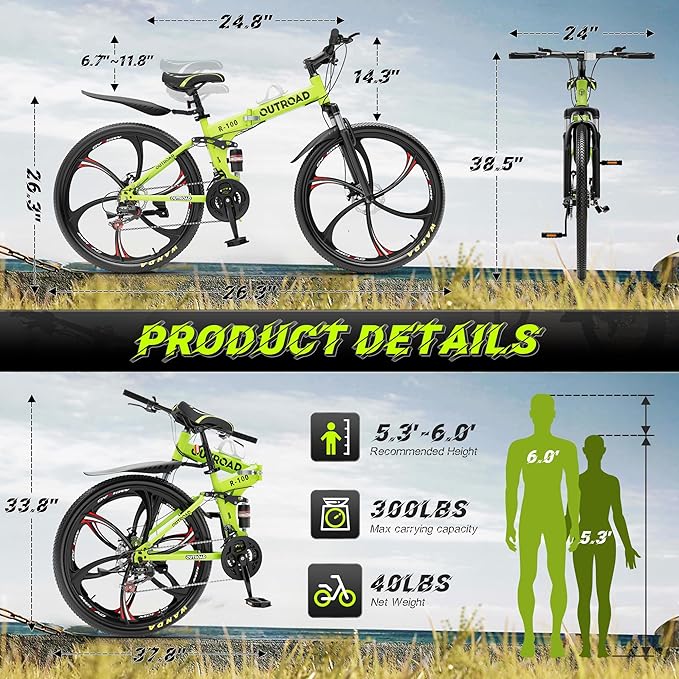 Betterland 26 Inch Folding Mountain Bike, 21 Speeds Full Suspension Foldable Bikes, Dual Disc Brake, High Carbon Steel Frame and Non-Slip Quick Release tire Bicycle for Adult (LH-Green)