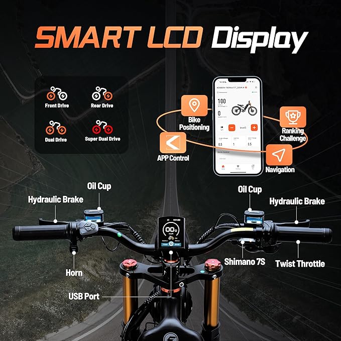 eAhora 2026 Romeo Pro3/2 50/46Mph Ebike 5600/4000W Dual Motor 200+Miles Electric Bike for Adults, 52V/70Ah 60V/80Ah Long Range 26 * 4.0" Fat Tire Full Suspension Electric Mountain Bike