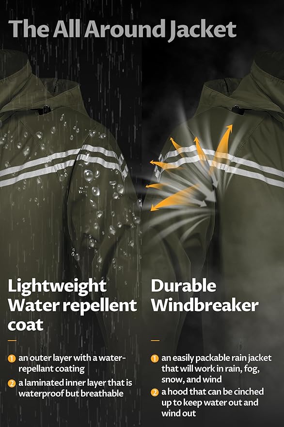 CREATMO US Men's Packable Waterproof Running Rain Coats Reflective Cycling Jacket Windbreaker With Removable Hood