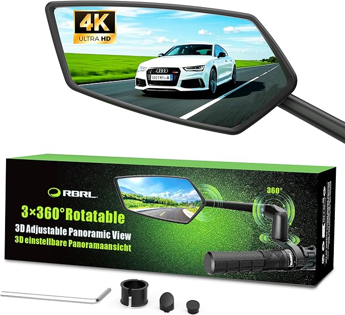 RBRL Bike Mirror, 3D Adjustable Arm for Extended Reach, Aluminum Alloy Anti-shake Bicycle Rearview Mirrors, 360° Panoramic Rearview, Wide Angle Shatterproof & Foldable E-bike Mirror(left)